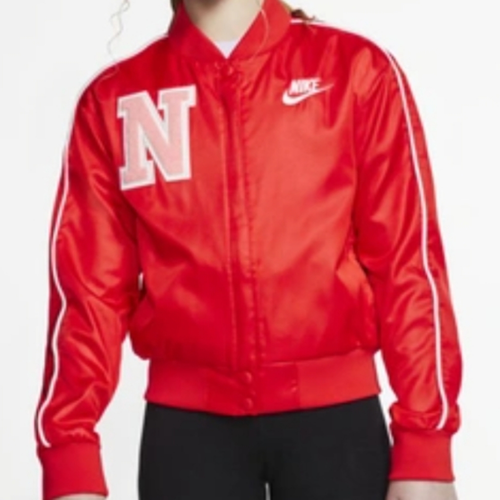 Nike Kids Bomber Letterman Jacket Red with Pink Embroidered N, Size XS